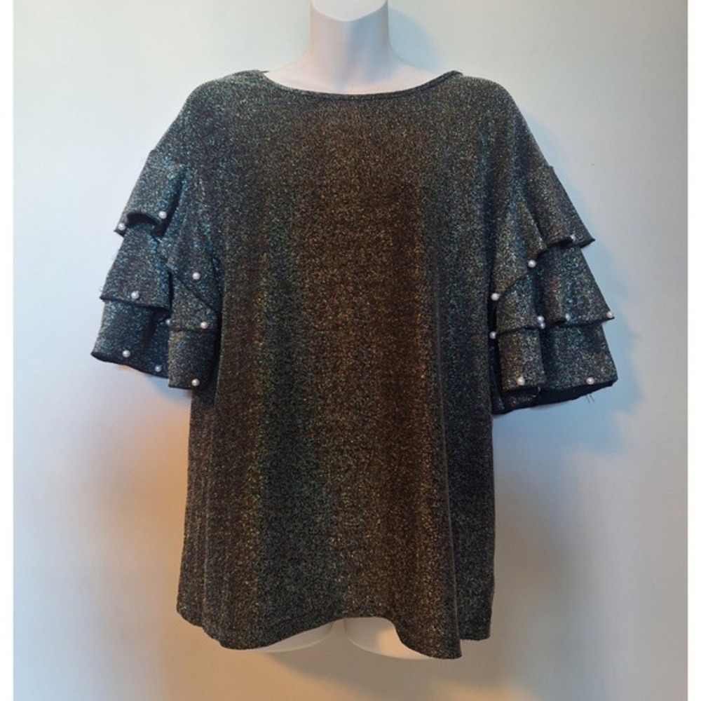 Paradiso Silver Glitter Ruffle Pearl Sleeve Blouse Top Size XL‎